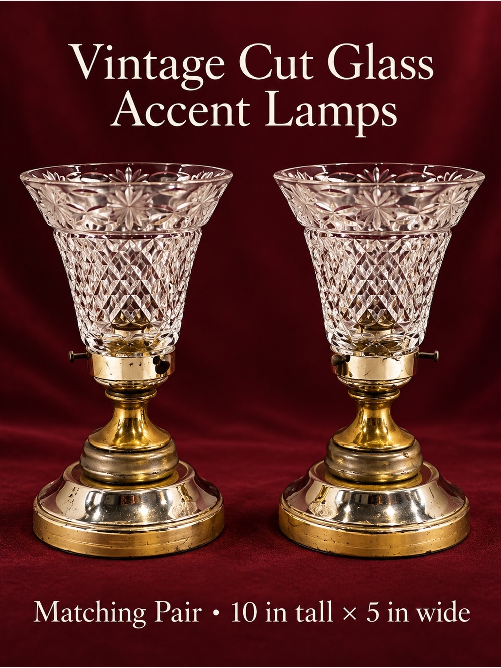 Pair VTG Mid-Century Leviton Cut Glass Crystal Table Lamps with Brass Bases